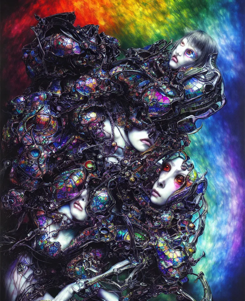 Prompt: realistic detailed image of ultra wrathful rainbow diamond iridescent mega sybiote, depth perception, depth of field, action horror by ayami kojima, neo - gothic, gothic, part by adrian ghenie and gerhard richter. art by yoshitaka amano. masterpiece