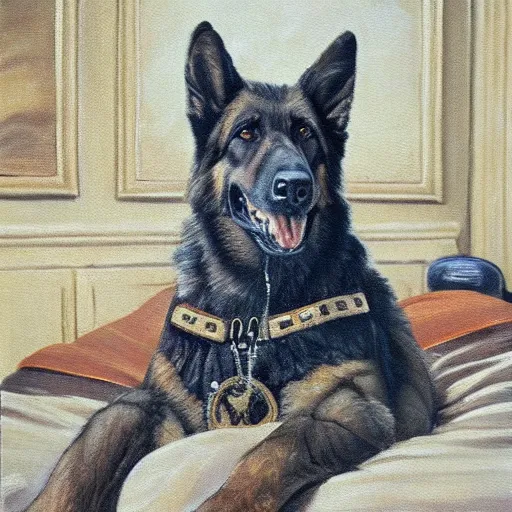 Prompt: a oil painting of a humanoid german shepherd beast - man, wearing military outfit, sitting on the carpeted floor beside a bed