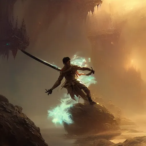 Image similar to a man tripping over a sword and falling, fantasy, digital painting, volumetric light, intricate, sharp, focus, bloom, illustration, highly detailed, concept art, matte, ruan jia, randy vargas, greg rutkowski