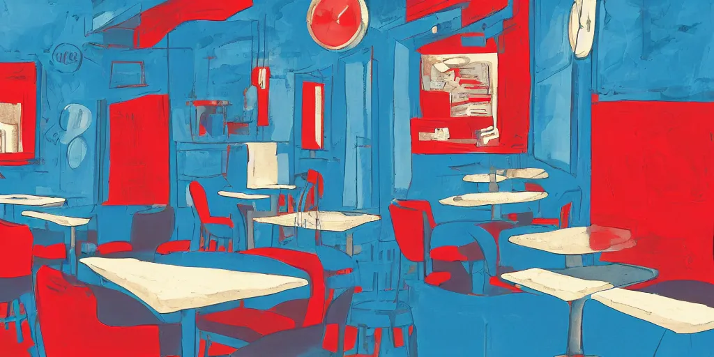 Image similar to cafe interior, blue and red tones, illustration