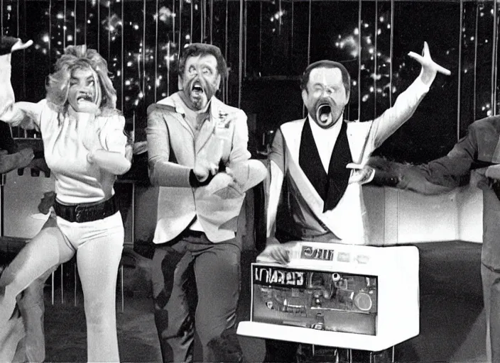 Image similar to a broadcast still of a 8 0 s game show and contestants playing crazy games