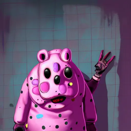 Image similar to high detail concept art of pink Mr Blobby with yellow spots as a Dead by Daylight character, 4k, terrifying, character portrait