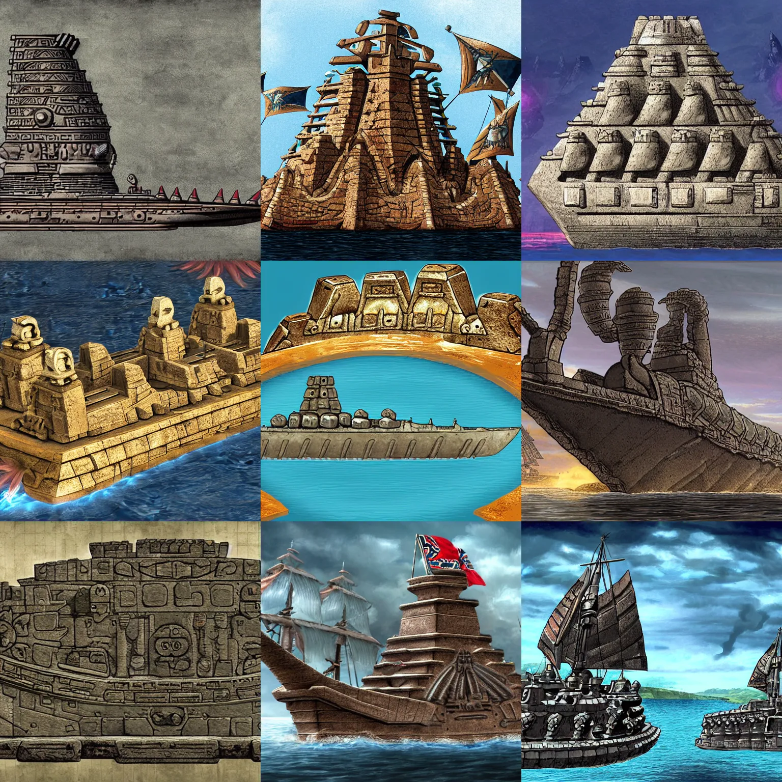 Prompt: A stone Aztec battleship, loading screen artwork for the game 'Europa Universalis 4'