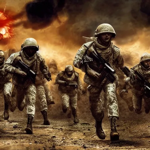 Prompt: hyper realism, realistic apocalyptic war scene, explosions, science - fiction soldiers running