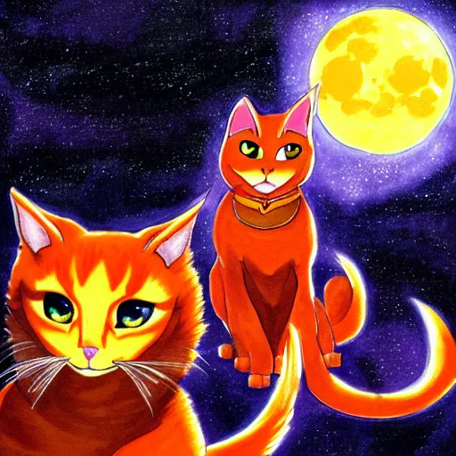 Image similar to Firestar and Ravenpaw sitting next to each other looking into the Moon, Warrior cats, Erin Hunter, illustration of 2 cats, trending on artstation, Paintings