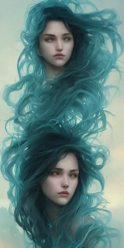 Image similar to haunting beautiful young woman, detailed photo realistic gorgeous face turning waves, dark, ominous, sad eyes, glowing hue of teal, vaporwave aesthetic, synthwave , digital painting, artstation, concept art, smooth, sharp focus, illustration, art by artgerm and greg rutkowski and alphonse mucha