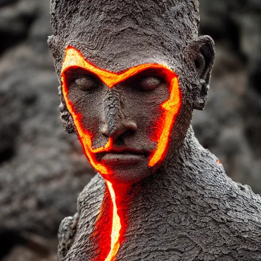 Image similar to beautiful lava human figure, exotic trees, bare bark, dark eyes, low angle mist, high octane, frostbite, 8 k, cinematic, 3 5 mm