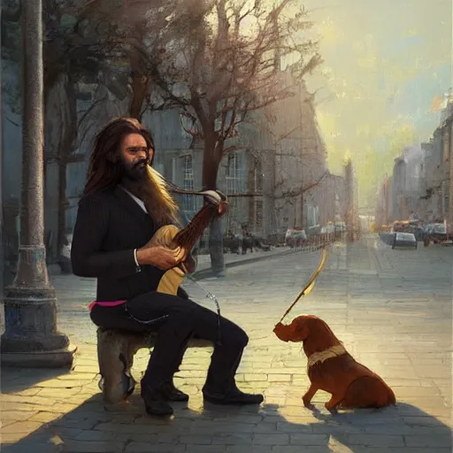 Prompt: oil painting of a man with long hair and a beard with his golden retrever dog playing guitar in the square for money, by greg rutkowski, artstation