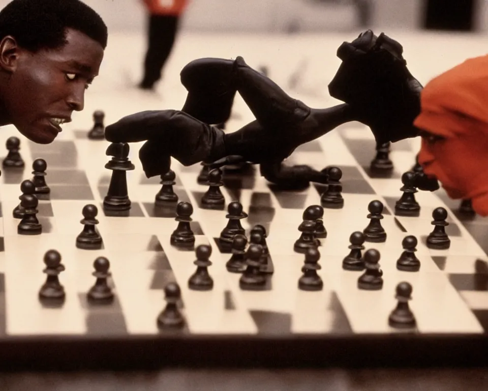 an 8 0 s action film still of a humanoid black chess, Stable Diffusion
