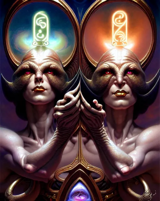 Image similar to beautiful gemini good and evil fantasy character portrait, ultra realistic, wide angle, intricate details, the fifth element artifacts, highly detailed by peter mohrbacher, hajime sorayama, wayne barlowe, boris vallejo, aaron horkey, gaston bussiere, craig mullins