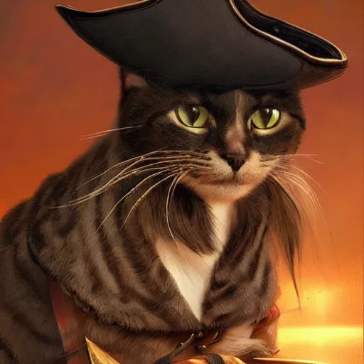 Image similar to Portrait of a Cat as a Pirate, photo, highly detailed oil painting, photorealistic, highly detailed, digital painting, artstation, concept art, smooth, sharp focus, illustration, art by artgerm and greg rutkowski and alphonse mucha