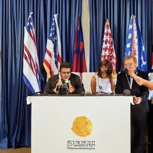 Image similar to press conference with string marionette president in a podium