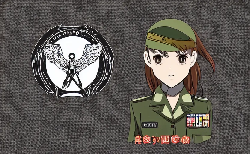 Prompt: T-shirt design, portrait of soldier girl, 2022 anime style, clean logo, graphic templates, flight squadron insignia, vintage saturation, soldier clothing, realistic military gear, inspired by shirt designer, made in blender, round background, vector line art, by oda, trending on pixiv, symbology, realistic human anatomy, high resolution, matte, empty hands, realistic military carrier