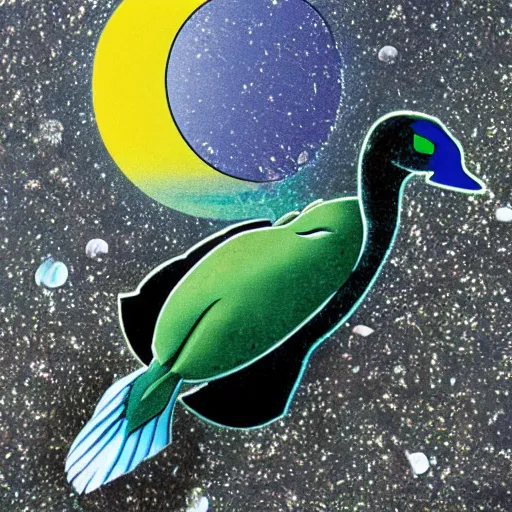 Prompt: flounder and mallard in love on the moon realistic photo