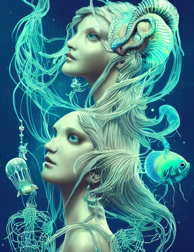 Image similar to goddess macro vintage shouler portrait from bottom to top in crown made of ram skull. betta fish, jellyfish phoenix, bioluminiscent, plasma, ice, water, wind, creature, super intricate ornaments artwork by tooth wu and wlop and beeple and greg rutkowski and alexander fedosav