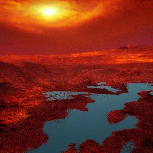 Prompt: the sun rises over the rivers of a molten earth, digital art, realistic