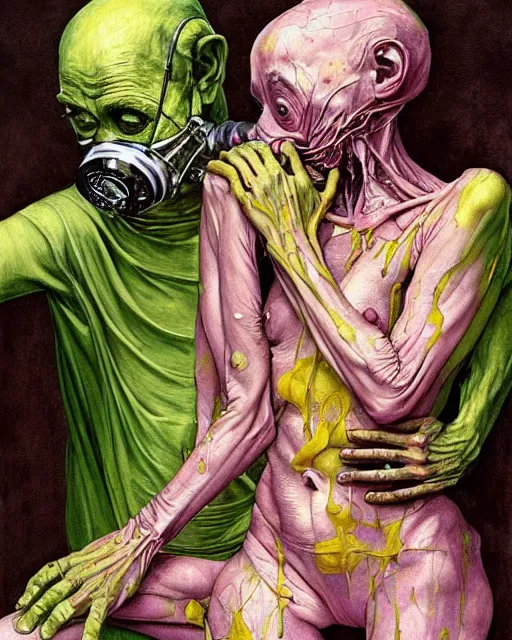 Prompt: two skinny old people with extra limbs, wearing gas masks, bodies wrapped in robes of gold, green and pink, during a biohazard apocalypse, cinematic, dystopian, eerie, horror, gothic, highly detailed painting by Jenny Saville, Esao Andrews, Francis Bacon, !!!Edward Hopper!!! surrealism, art by Takato Yamamoto and !!!James Jean!!!