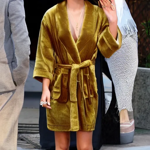 Prompt: full body photo shoot jamie chung wearing golden bathrobe highly detailed highly realistic