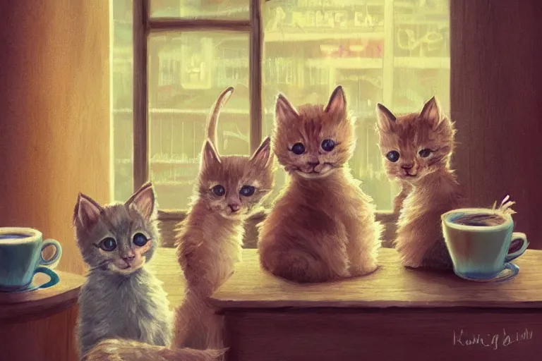 Image similar to kittens in a coffee shop, detailed whimsical illustration, DeviantArt Artstation, bokeh, warm lighting