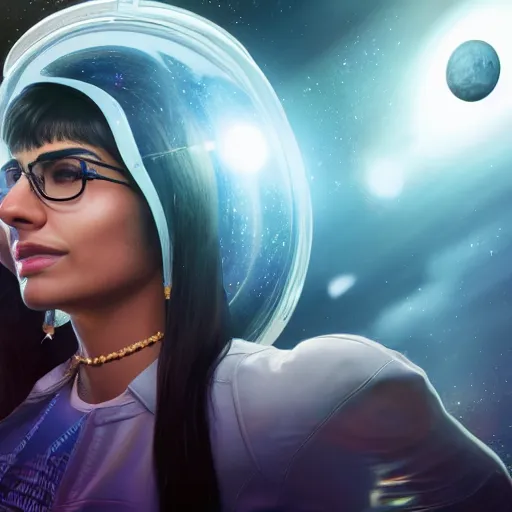 Image similar to hyperrealistic film full body still of mia khalifa in space, inspired by istvan sandorfi & greg rutkowski & unreal engine, perfect facial symmetry, dim volumetric cinematic lighting, 8 k octane comprehensive render, extremely hyper - detailed, incredibly lifelike attributes, intricate, real flesh texture, masterpiece, artstation, stunning,