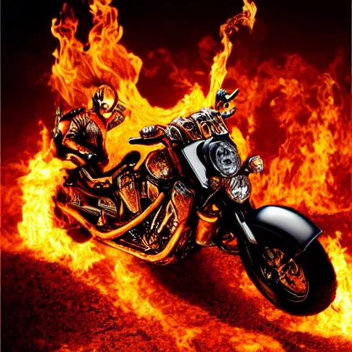 Prompt: An epic movie poster for Ghost Rider starring Ryan Gosling as Ghost Rider on a motorcycle with flames and half a skull face and chains on a desert road fire balls. Sharp. HD. 4K. 8K