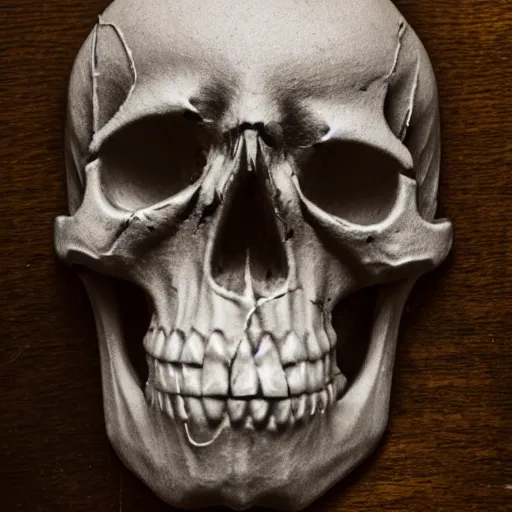 Image similar to skull on a table, XF IQ4, 150MP, 50mm, f/1.4, ISO 200, 1/160s, natural light, Adobe Photoshop, Adobe Lightroom, DxO Photolab, polarizing filter, Sense of Depth, AI enhanced, HDR