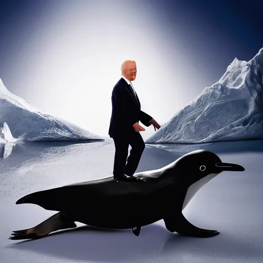 Prompt: A professional photo of Joe Biden riding a penguin, studio lighting, dramatic, highly detailed, beautiful, cinematic