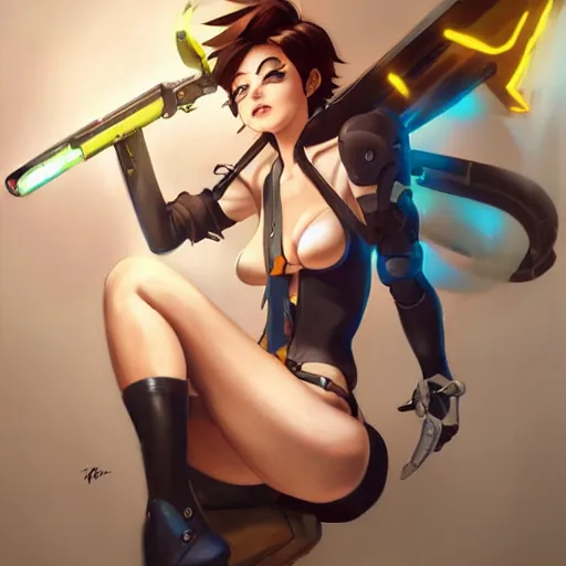 Prompt: pinup anime art of tracer overwatch, seductive tracer by greg rutkowski, gil elvgren, artgerm, enoch bolles, glossy skin, pearlescent, anime, very coherent, flat, ecchi anime style