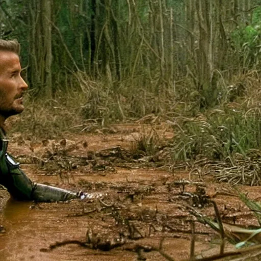 Image similar to cinematic still of david beckham wearing manchester united uniform, covered in mud and watching a predator in a swamp in 1 9 8 7 movie predator, hd, 4 k