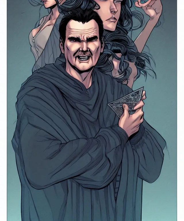 Image similar to a fantasy comic - style full portrait of a gambler who looks like norm macdonald, digital illustration by jenny frison and sana takeda and kentaro miura, fine inking lines, vivid colors, dnd, highly detailed!, hd, 4 k, trending on artstation