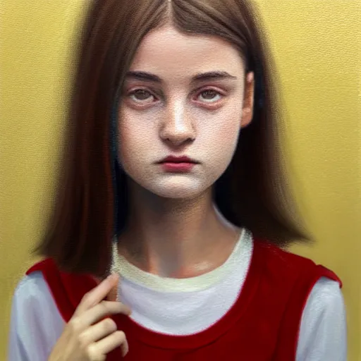 Image similar to https://s.mj.run/SVF9-OTU880 https://s.mj.run/a0ycXnB3Yno portrait of a welsh teenage girl with brown hair, glowing skin, delicate features, quiet beauty, amelie poulain, fantasy, intricate, elegant, dress shirt, highly detailed, digital painting, artstation, concept art, smooth, sharp focus, illustration, art by Krenz Cushart and Artem Demura and alphonse mucha