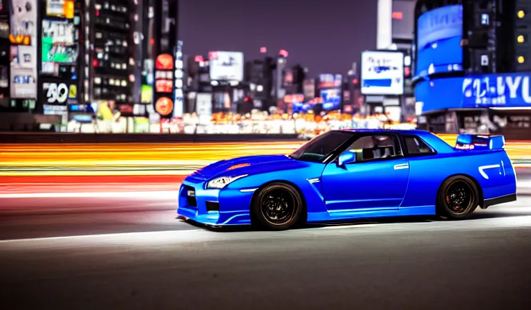 Prompt: wideshot of a blue nissan skyline gtr driving in tokyo at night, highly detailed, 4k photo, shot with sony alpha