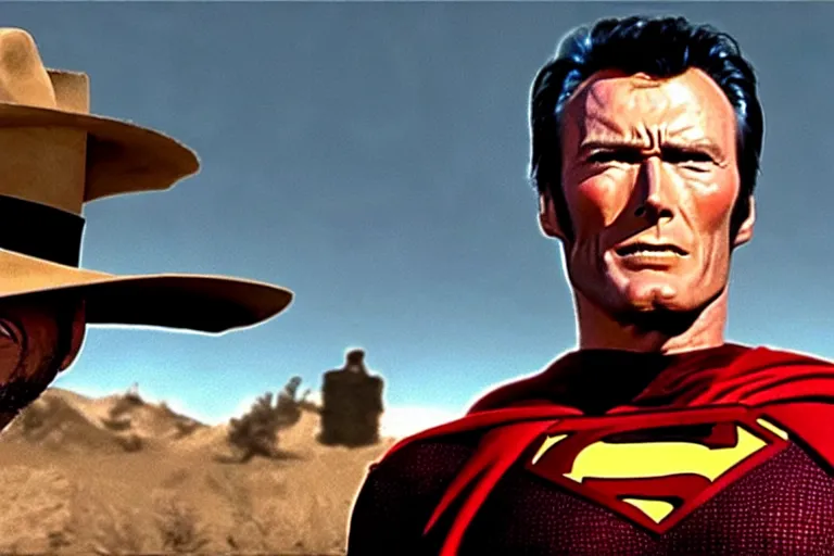 Prompt: clint eastwood as superman in the good the bad and the ugly