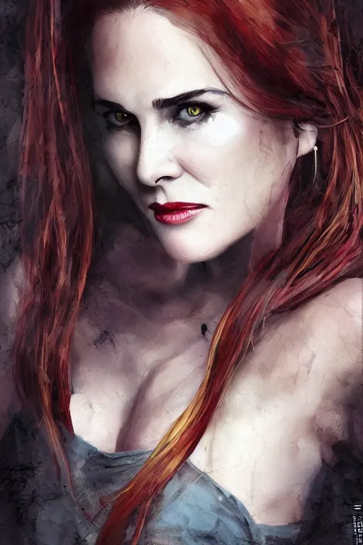 Image similar to mix of beautiful young maria shriver, mariel hemmingway, brooke shields, nicole kidman and elle macpherson as a vampire showing vampire teeth, ready to bite, thin lips, hair tied up in a pony tail, dark blonde hair, colorful, deviantart, artstation, cgsociety