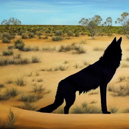 Image similar to black wolf in an australian desert, painting