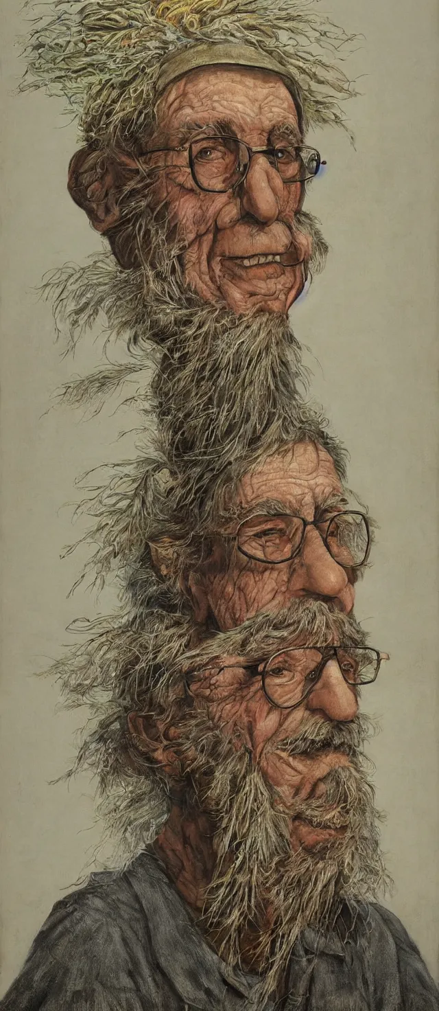 Prompt: full - length painting of an old wizened stooped man wearing a cap and glasses and shapeless long grey overalls which go down to his ankles, with his feather duster under his left arm octane render, highly detailed by giuseppe arcimboldo alan lee james gurney