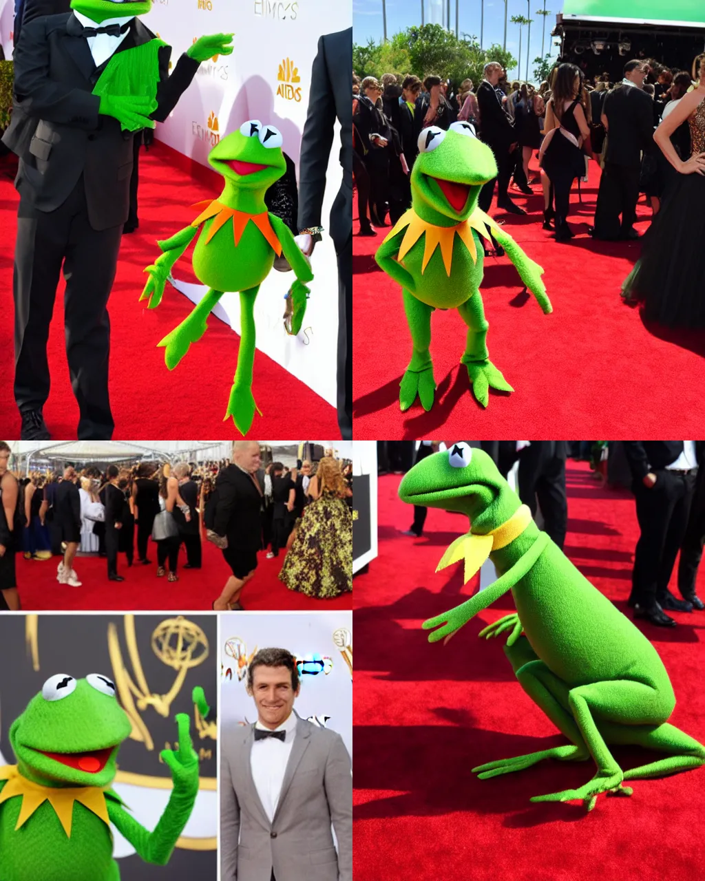 Prompt: kermit the frog on the red carpet at the emmys, outdoors at night, flash photography, by cameldeath