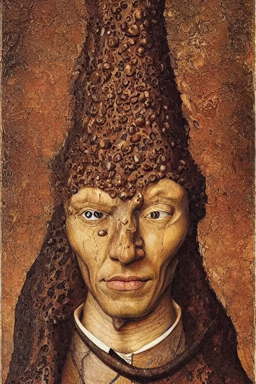 Image similar to portrait of nyarlathotep, oil painting by jan van eyck, northern renaissance art, oil on canvas, wet - on - wet technique, realistic, expressive emotions, intricate textures, illusionistic detail