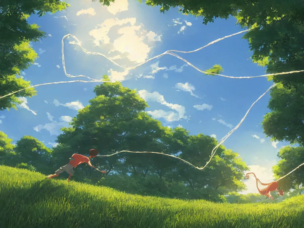 Image similar to extreme wide shot of a summer landscape, with a boy holding on to a string that connects to a web that envelopes the sun. Digital art by Makoto shinkai and Rebecca Sugar and Alan Lee.