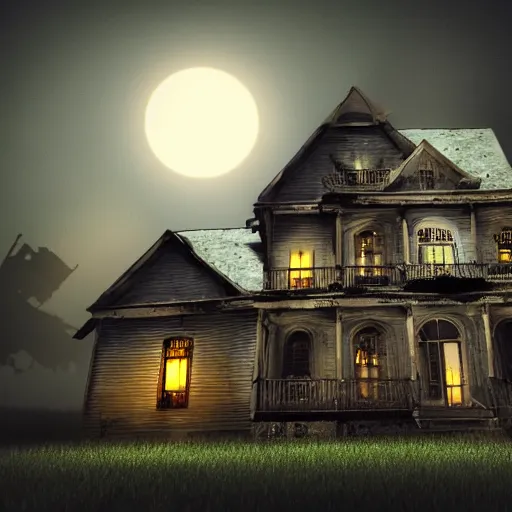 Prompt: haunted house at night, halloween, dramatic lighting, full moon, 8 k, realistic, high detail,