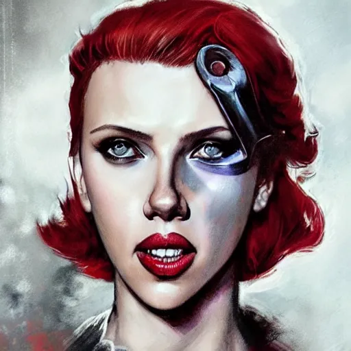 Image similar to painting of scarlett johansson as an evil vampire wearing an eyepatch, epic, tragic, military art, fantasy, dieselpunk, hd shot, digital portrait, beautiful, artstation, comic style, by artgerm, guy denning, jakub rozalski, magali villeneuve and charlie bowater
