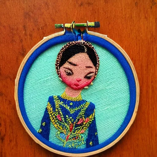 Image similar to a tiny beautiful handmade embroidery of a woman. hand embroidery.