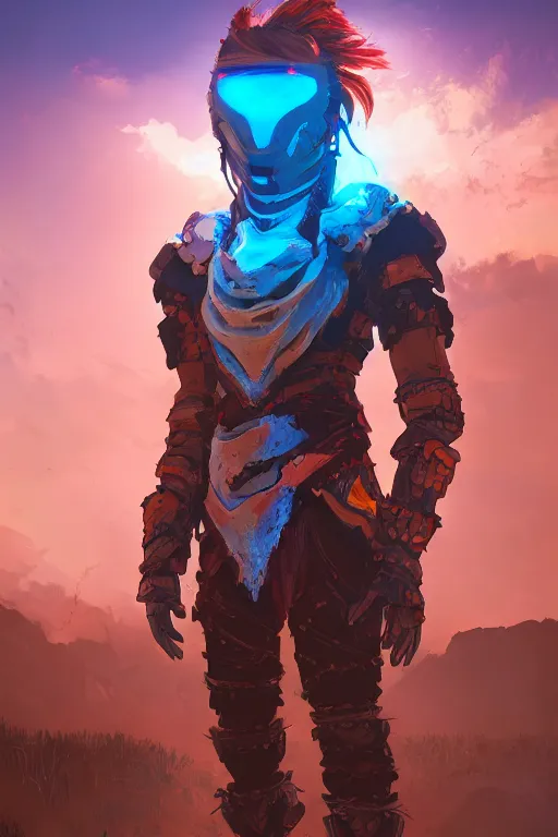 Image similar to combination suit armor aloy horizon forbidden west horizon zero dawn radiating a glowing aura global illumination ray tracing hdr fanart arstation by ian pesty and alena aenami artworks in 4 k tribal robot ninja mask helmet backpack