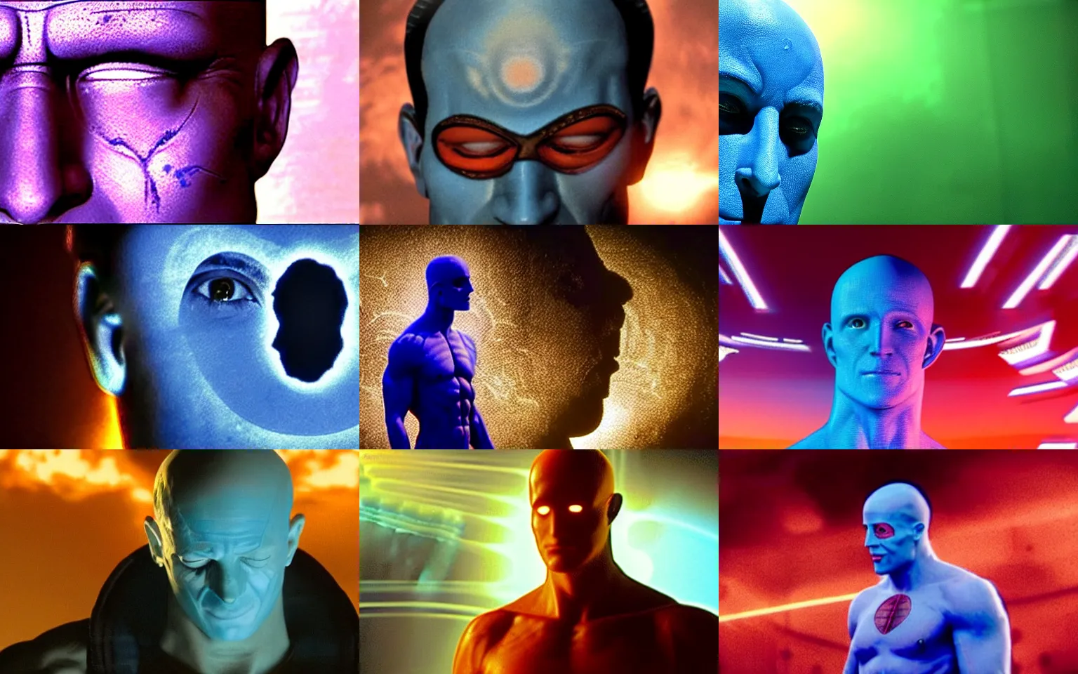 Prompt: still frame from zach snyder's film adaptation of watchmen showing a closeup of dr manhattan, his blue face in profile, showcasing impressive cgi with subsurface illumination effects.