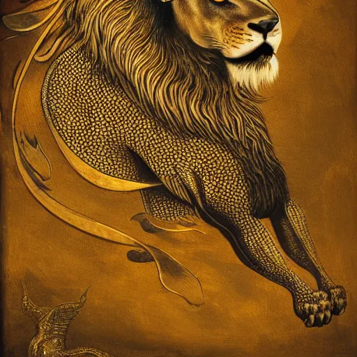 Image similar to portrait of a male lion and western winged gold dragon, dark, beautiful, highly detailed