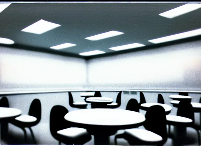 Prompt: polaroid photograph of a large white empty breakroom, retrofuturist liminal space, hundreds of chairs and tables, crt tv mounted, massive black pits in ceiling trypophobia architecture, familiar place, clean, black mold, warm light, amateur, soft vintage glow, unreal engine, photorealistic, trending on artstation