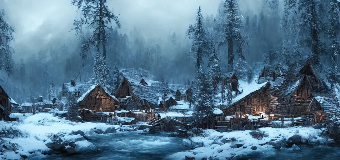 Prompt: a viking village beside a river stream in the canadian wilderness in winter, dramatic lighting, asssassins creed valhalla, artstation, cinematic, establishing shot, extremely high detail, photo realistic, cinematic lighting, post processed, concept art, artstation, matte painting, style by eddie mendoza, raphael lacoste, alex ross