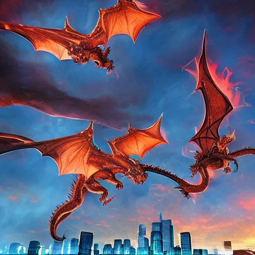 Image similar to dragons flying over city with flames coming from their mounths, epic scene