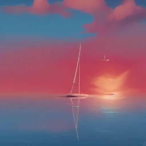 Prompt: a small sailboat flying through the sky, fluffy clouds, red-pink sunset, floating, fantasy, concept art, illustration, artstation award, bright