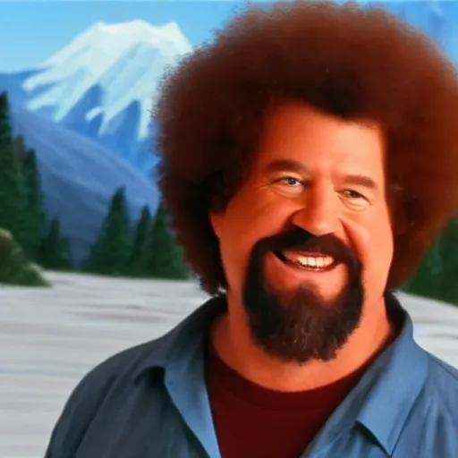 Image similar to a closeup photorealistic photograph of bob ross as kenny powers. mountains and trees. film still. brightly lit scene. this 4 k hd image is trending on artstation, featured on behance, well - rendered, extra crisp, features intricate detail, epic composition and the style of unreal engine.